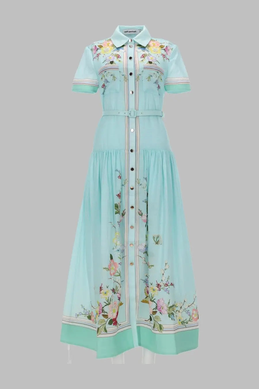Self-portrait women’s light blue button-down midi dress in organza with floral embroidery and matching belt green