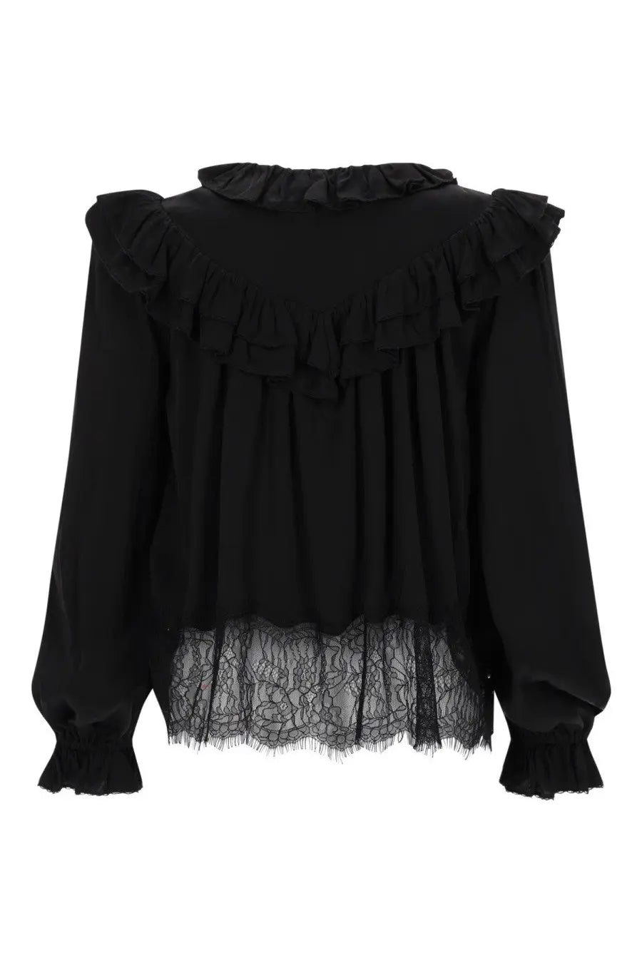 Black blouse by self-portrait women featuring layered ruffles at neckline and cuffs with sheer lace hemline