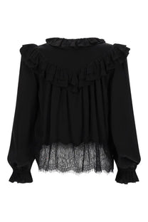Black blouse by self-portrait women featuring layered ruffles at neckline and cuffs with sheer lace hemline