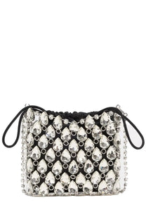 Self-portrait women’s black drawstring borsa mini with teardrop crystals and silver metal accents in maglia metallica con cristalli silver