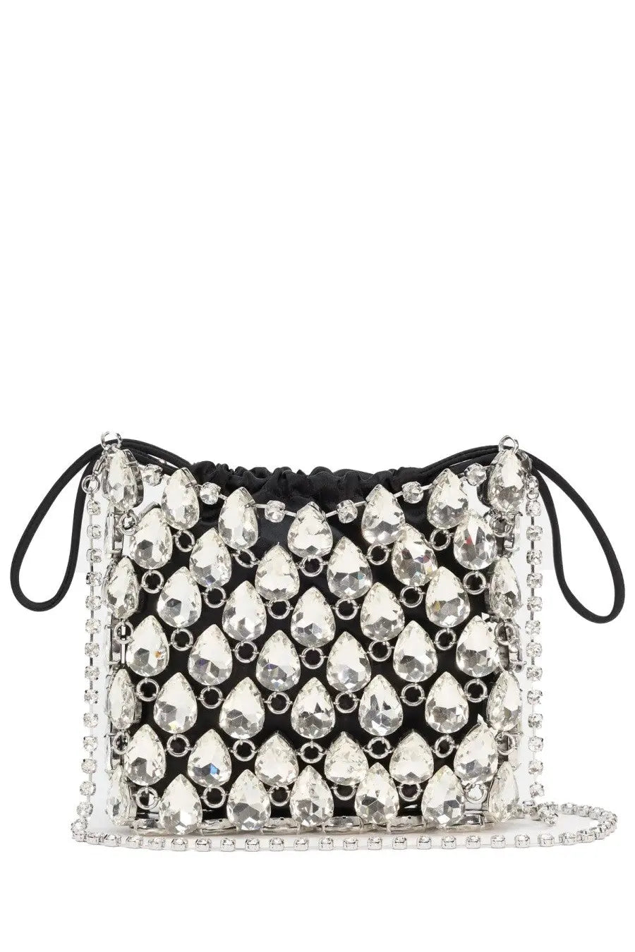 Self-portrait women’s black drawstring bag with clear teardrop crystals and silver chain details in metallica silver
