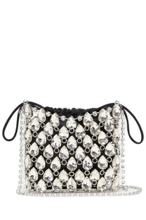 Self-portrait women’s black drawstring bag with clear teardrop crystals and silver chain details in metallica silver