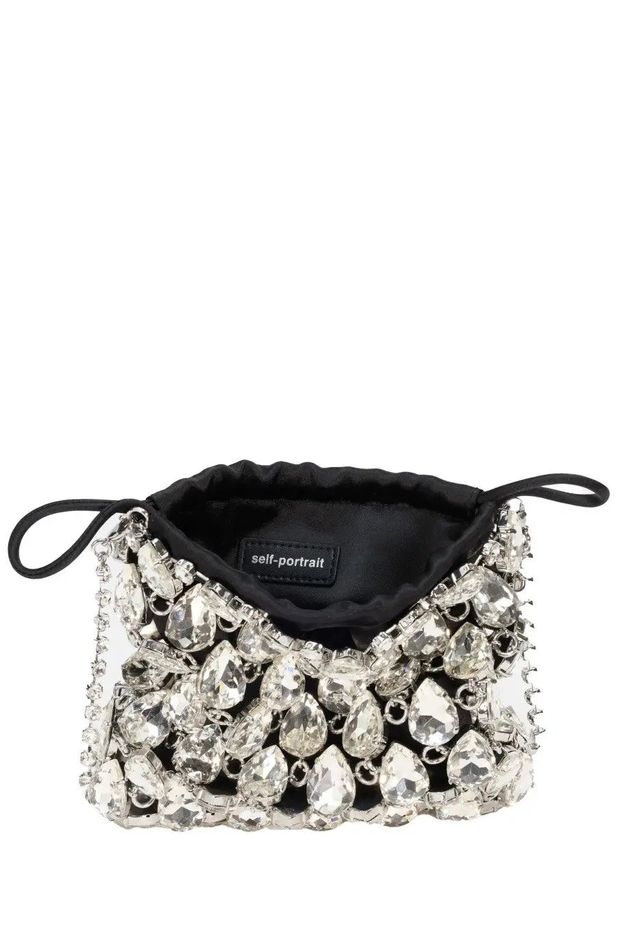 Self-portrait women’s borsa mini silver drawstring pouch with crystal embellishments and black interior lining