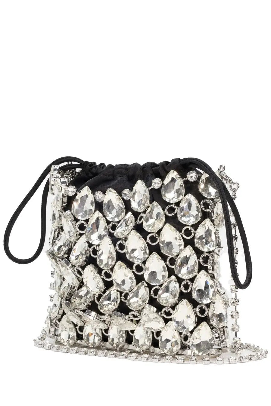 Self-portrait women’s black drawstring bag with cascading clear crystals and silver chain strap in maglia metallica con cristalli silver