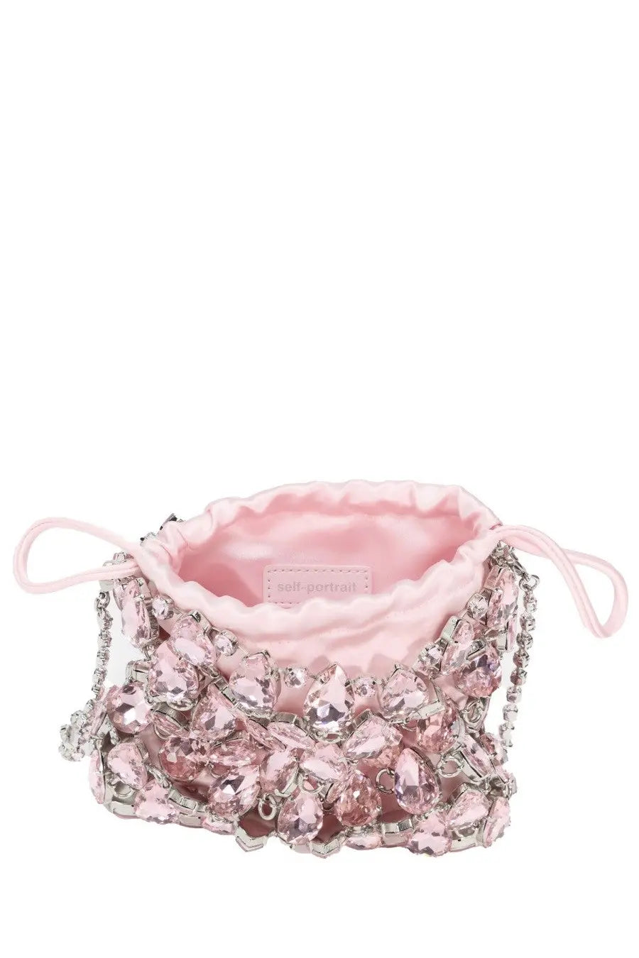Self portrait Women’s borsa mini pink drawstring clutch with crystal embellishments satin interior and silver chain strap