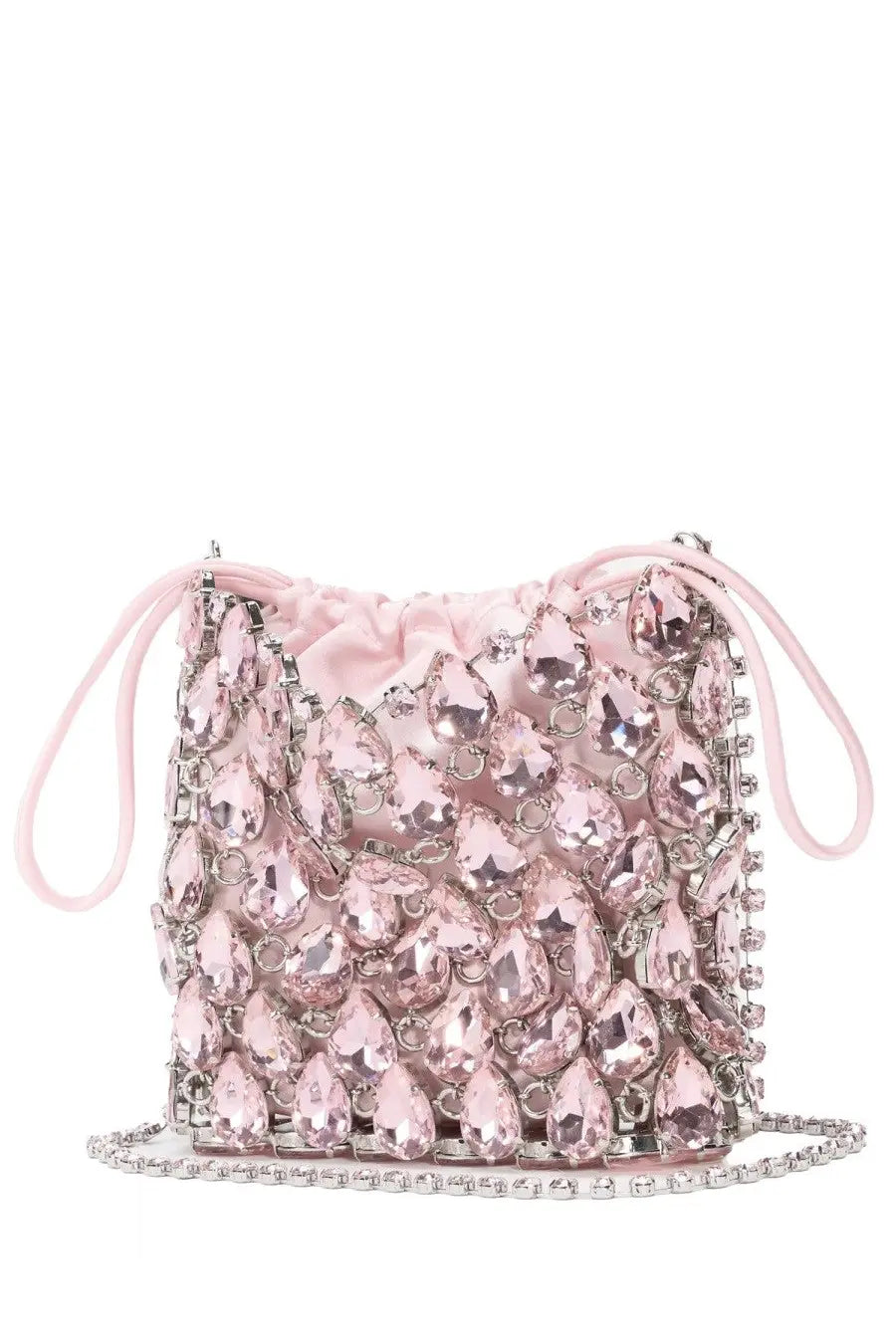 Self-portrait womens borsa mini pink crystal-embellished bucket bag with chain strap and drawstring closure