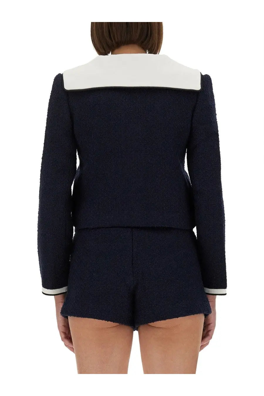Self-portrait women’s navy blue tweed boucle blazer with contrasting white collar and matching shorts set
