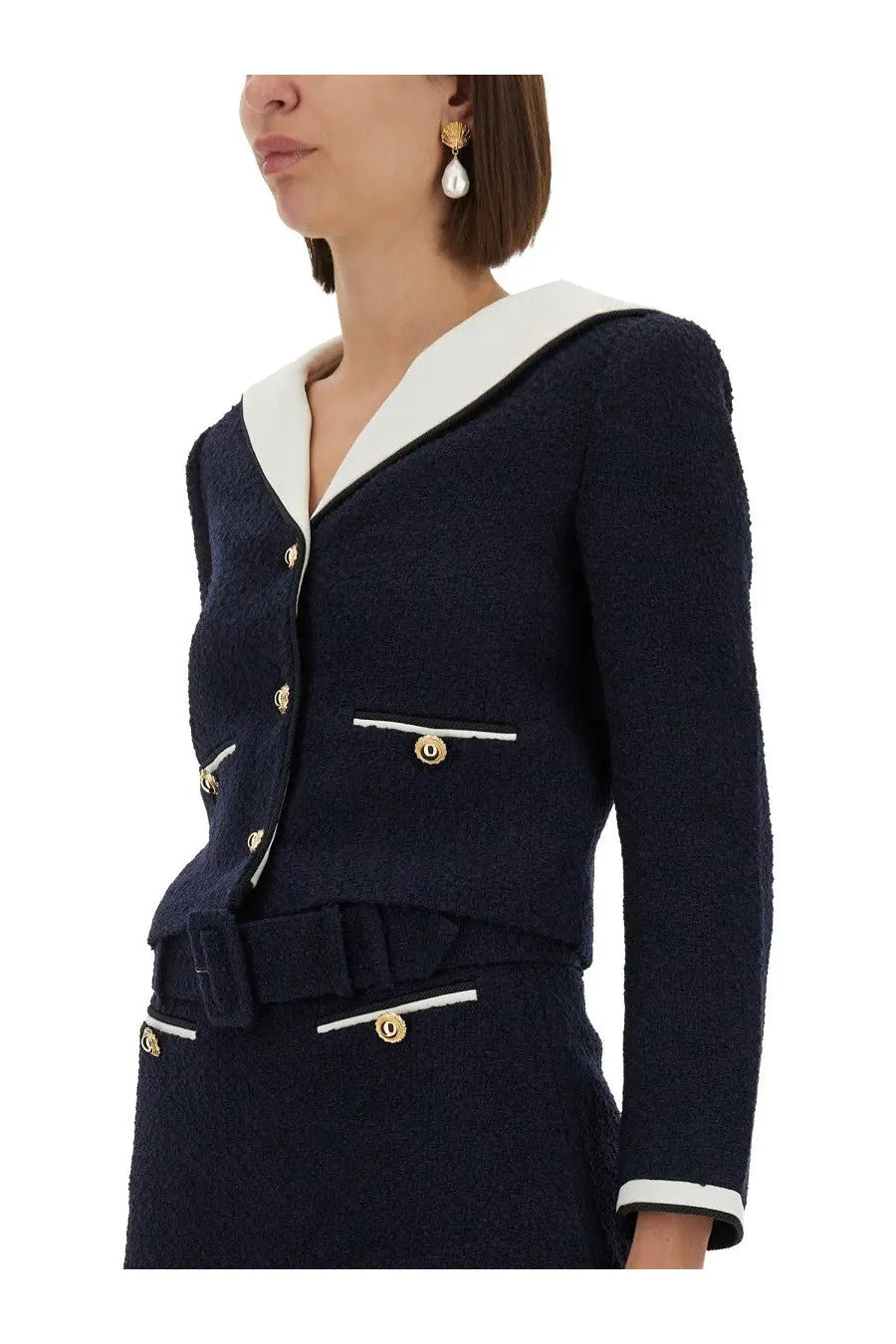 Navy blue self-portrait women’s boucle jacket with white collar and cuffs gold-tone buttons and matching belt detail
