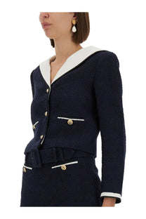 Navy blue self-portrait women’s boucle jacket with white collar and cuffs gold-tone buttons and matching belt detail