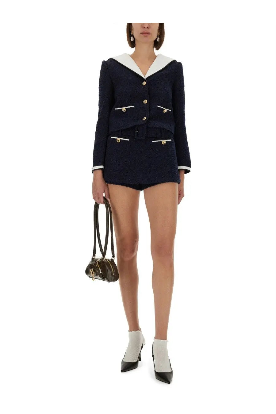 Self-portrait women’s navy blue boucle sailor-style blazer with white collar and gold buttons