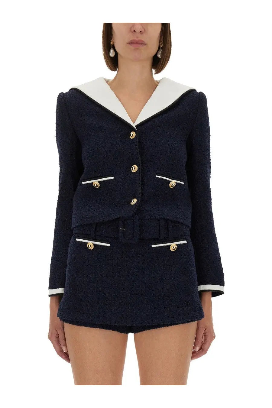 Navy blue tweed sailor-style two-piece suit with white collar cuffs and trim from self portrait women’s boucle jacket blue