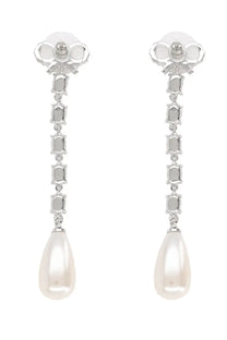 Silver self-portrait women’s bow pearl droplet earrings with floral stud, rectangular gemstones, and teardrop pearl