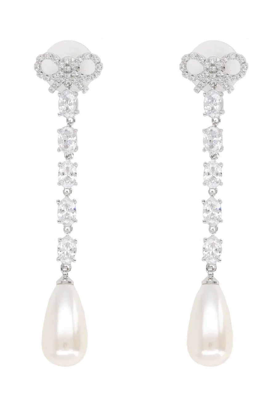 Elegant self-portrait women’s silver bow pearl droplet earrings with white pearls and sparkling diamonds