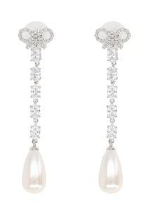 Elegant self-portrait women’s silver bow pearl droplet earrings with white pearls and sparkling diamonds
