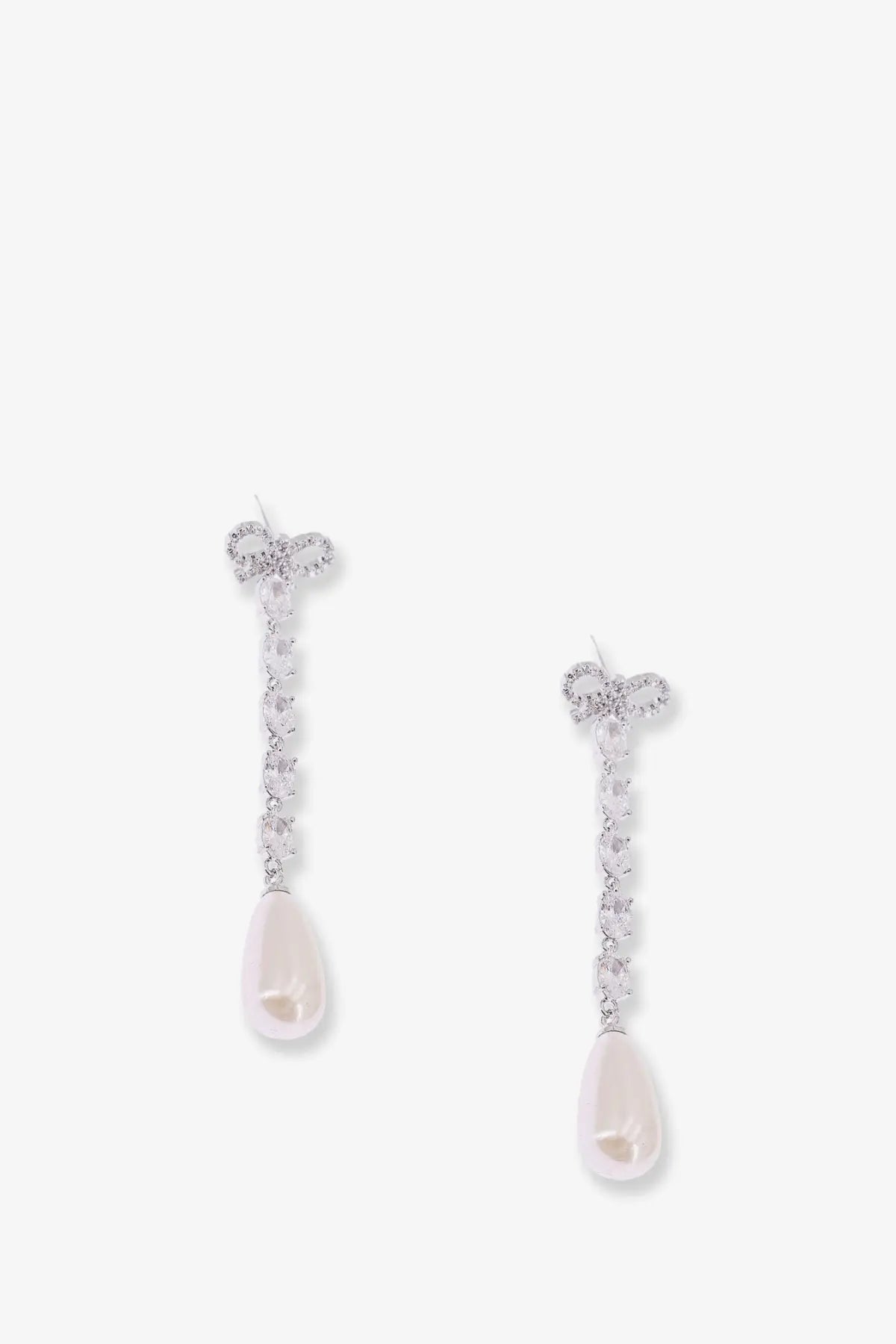 Silver brass butterfly earrings for women with dangling teardrop pearl and sparkling crystal chain by self-portrait