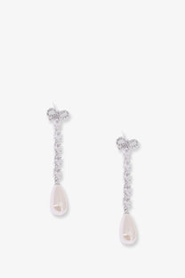 Silver brass butterfly earrings for women with dangling teardrop pearl and sparkling crystal chain by self-portrait