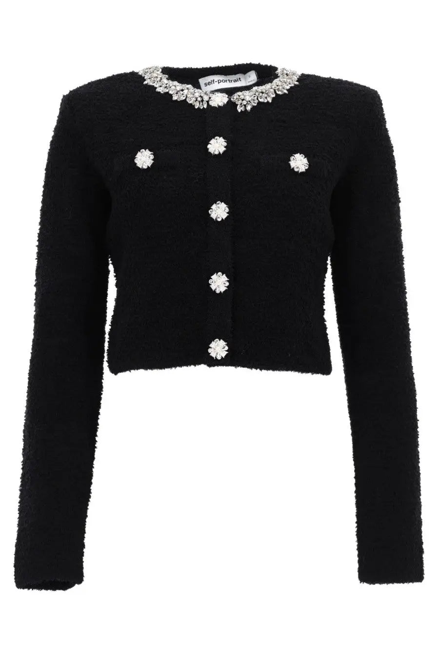 Self-portrait women’s black cropped cardigan with textured fabric and silver floral embellishments on collar and buttons