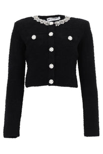 Self-portrait women’s black cropped cardigan with textured fabric and silver floral embellishments on collar and buttons