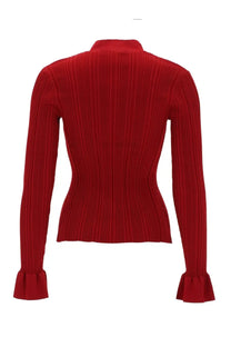 A vibrant red ribbed knit cardigan with high collar and flared cuffs by Self Portrait for women