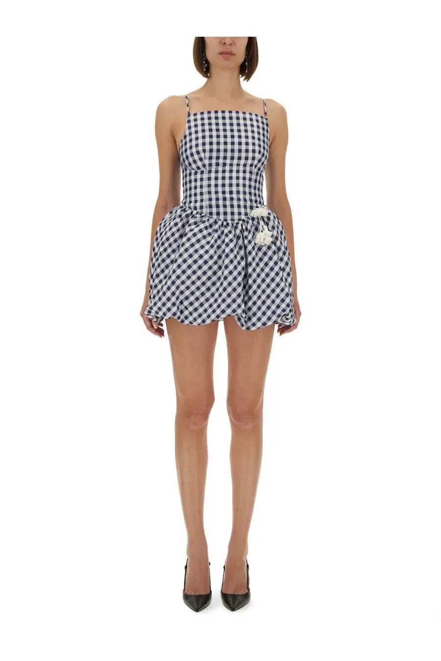 Self-portrait womens navy and white gingham checkered taffeta mini dress with thin straps and pom-pom waist detail