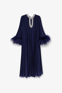 Navy blue chiffon long dress by self-portrait with pleats crystal embellishment at neckline feathered cuffs