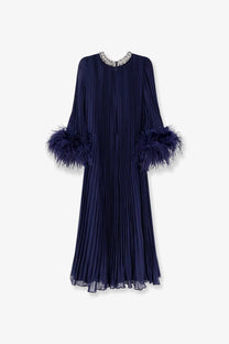 Self-portrait women’s navy blue chiffon midi dress with pleats feathered cuffs and beaded neckline