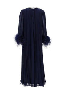Self-portrait women’s chiffon midi dress in navy blue with pleated skirt feathered cuffs and beaded neckline
