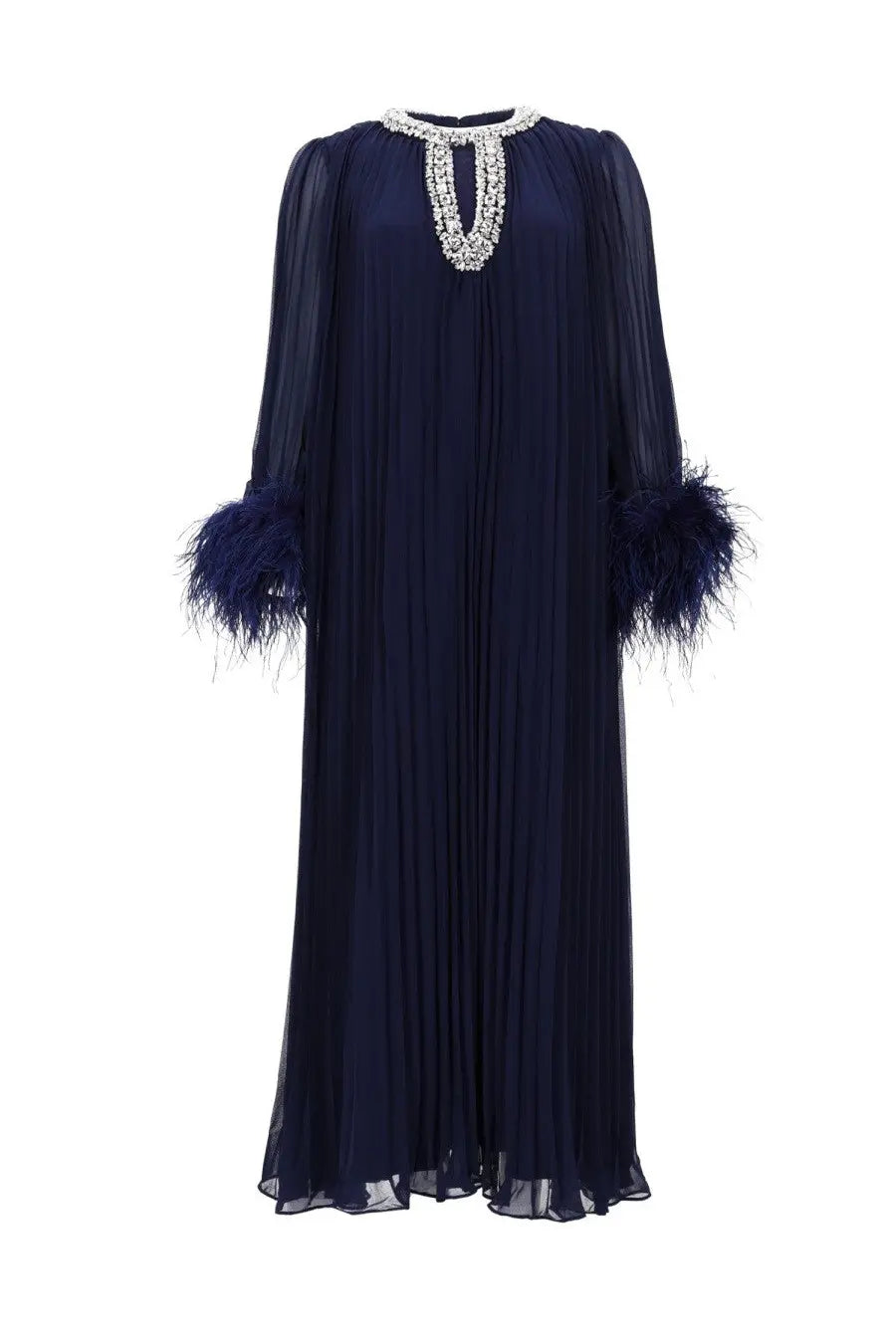 Self portrait women’s chiffon midi dress in navy blue with pleats sheer long sleeves feathered cuffs and crystal neckline