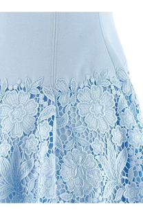 Self-portrait women’s crepe lace mini dress in pastel blue with delicate light blue floral lace hem overlay