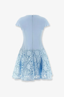 A light blue self-portrait women’s crepe lace mini dress with short sleeves and floral lace detailing on hem