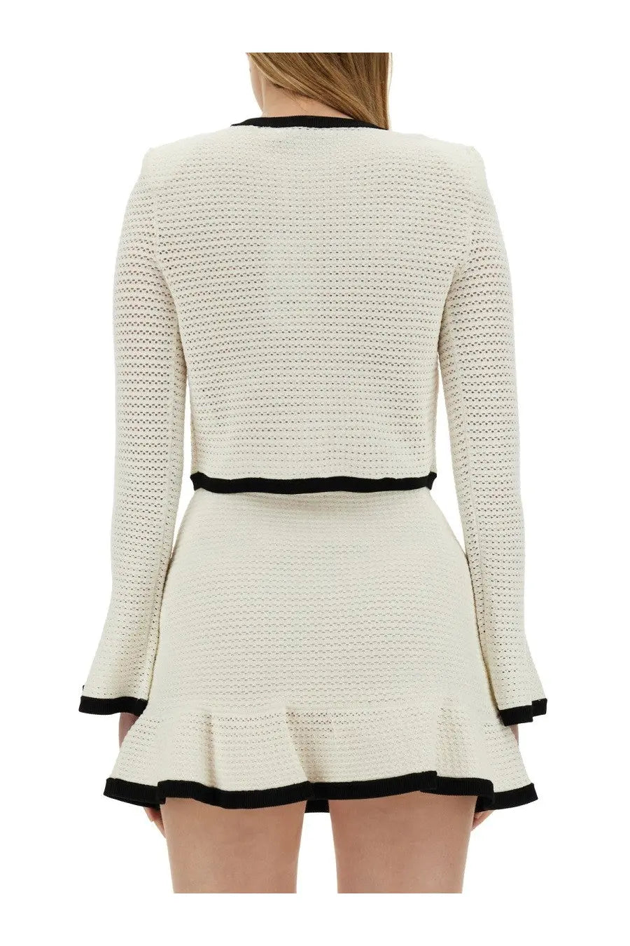 Cream-colored textured knit two-piece set with black trim from self-portrait womens crochet cardigan white collection