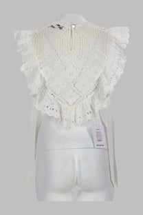 White lace crop top by self portrait with ruffled sleeves and intricate crochet con inserti in pizzo white pattern