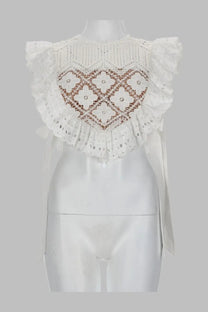 White lace crop top with ruffled sleeves and heart-shaped crochet pattern with rhinestones by self-portrait