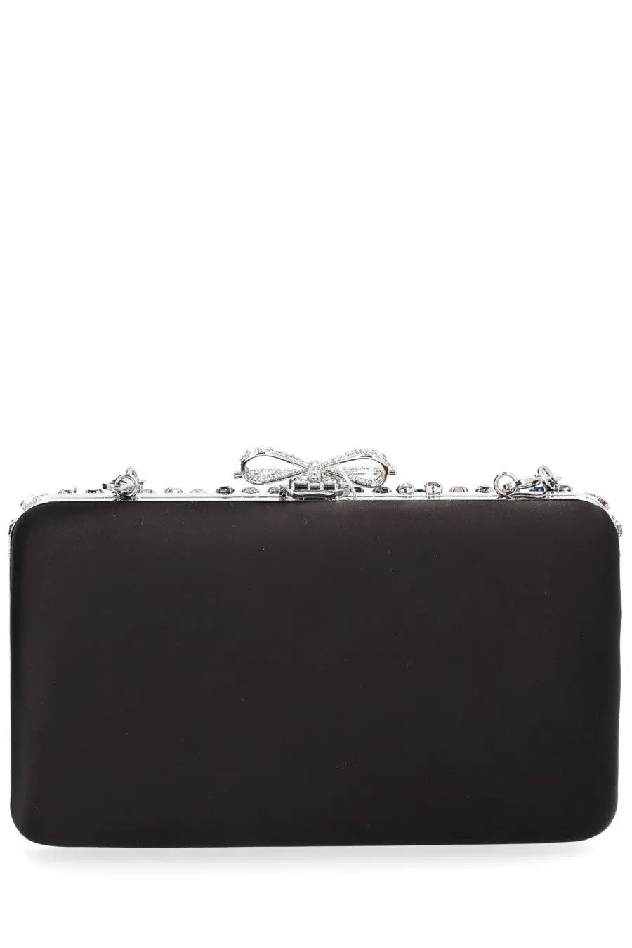 Self-portrait women’s black satin clutch bag with silver bow clasp and rhinestone embellishments for evening use