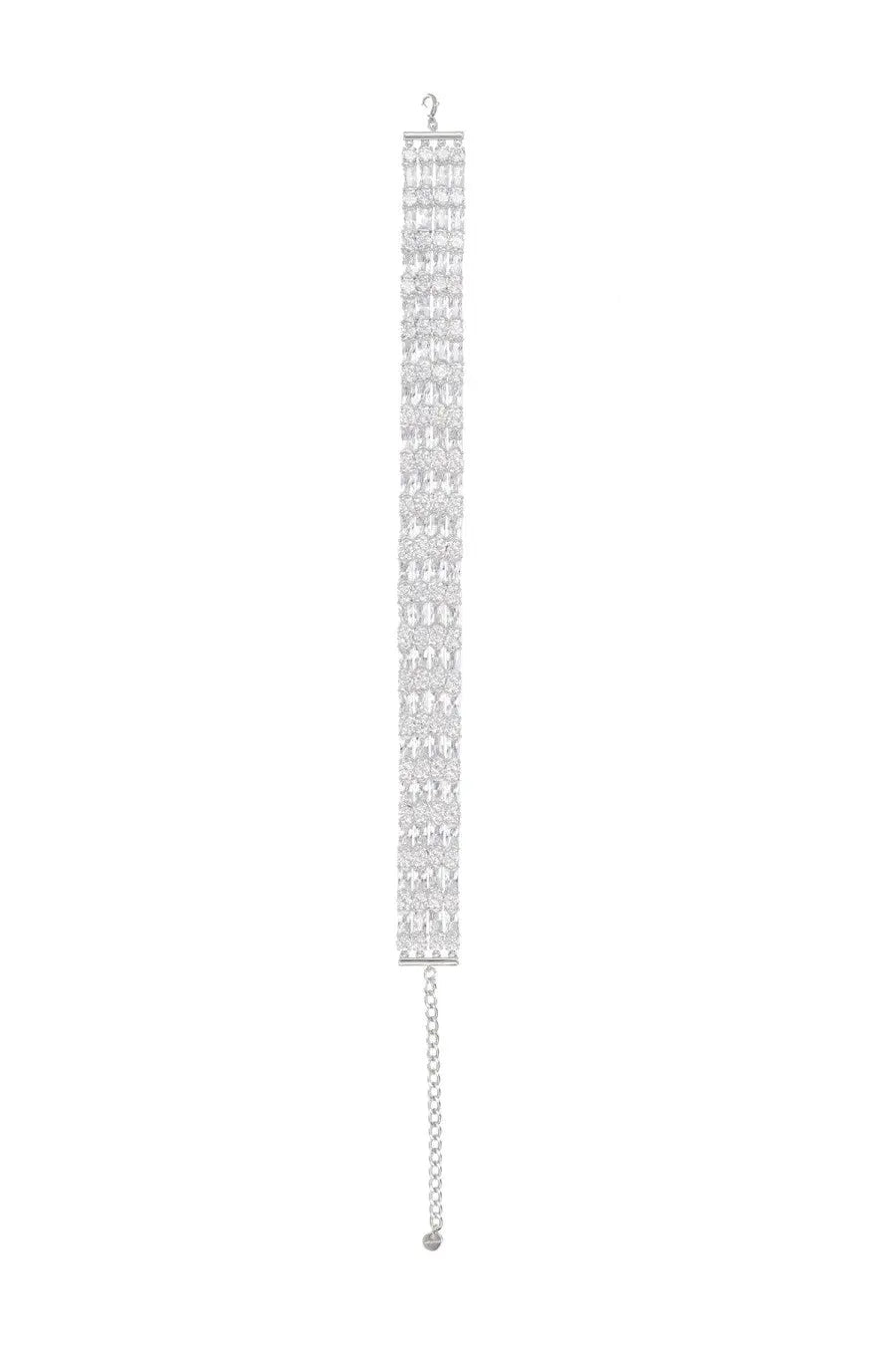 Silver beaded choker necklace with cascading design and delicate chain extension from Self-Portrait Women’s Crystal collection