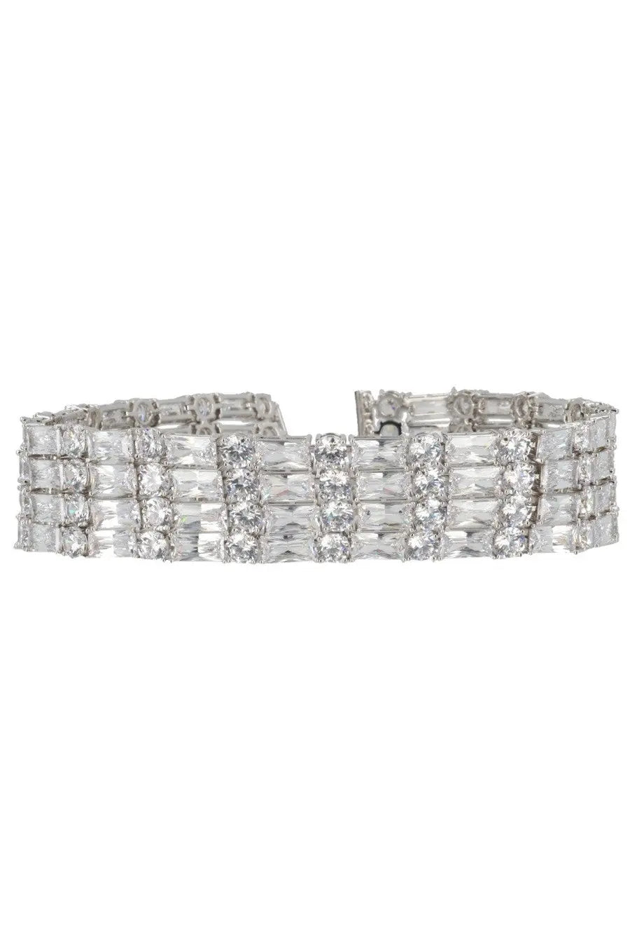 A sparkling silver crystal choker necklace with rectangular and round clear crystals on a sleek metallic band