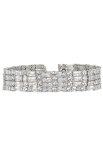 A sparkling silver crystal choker necklace with rectangular and round clear crystals on a sleek metallic band