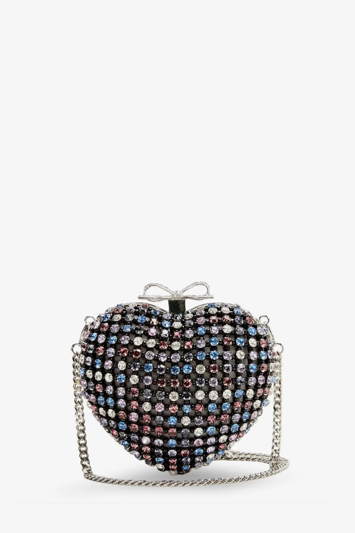 A red self-portrait women’s crystal heart clutch bag with multicolored rhinestones and a silver chain strap