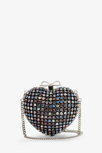 A red self-portrait women’s crystal heart clutch bag with multicolored rhinestones and a silver chain strap