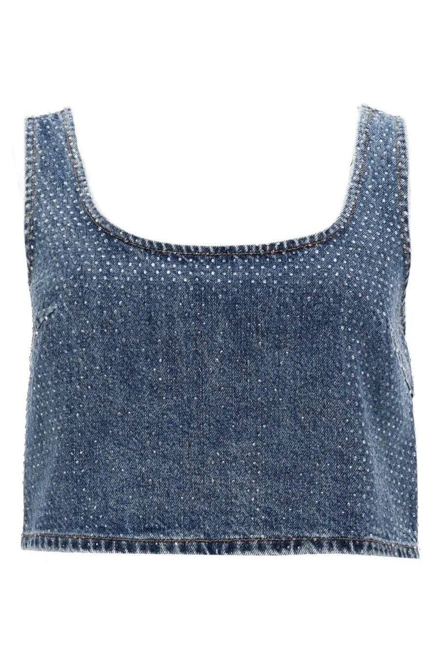 Blue denim crop top by self-portrait with subtle white polka dots and frayed edges for women