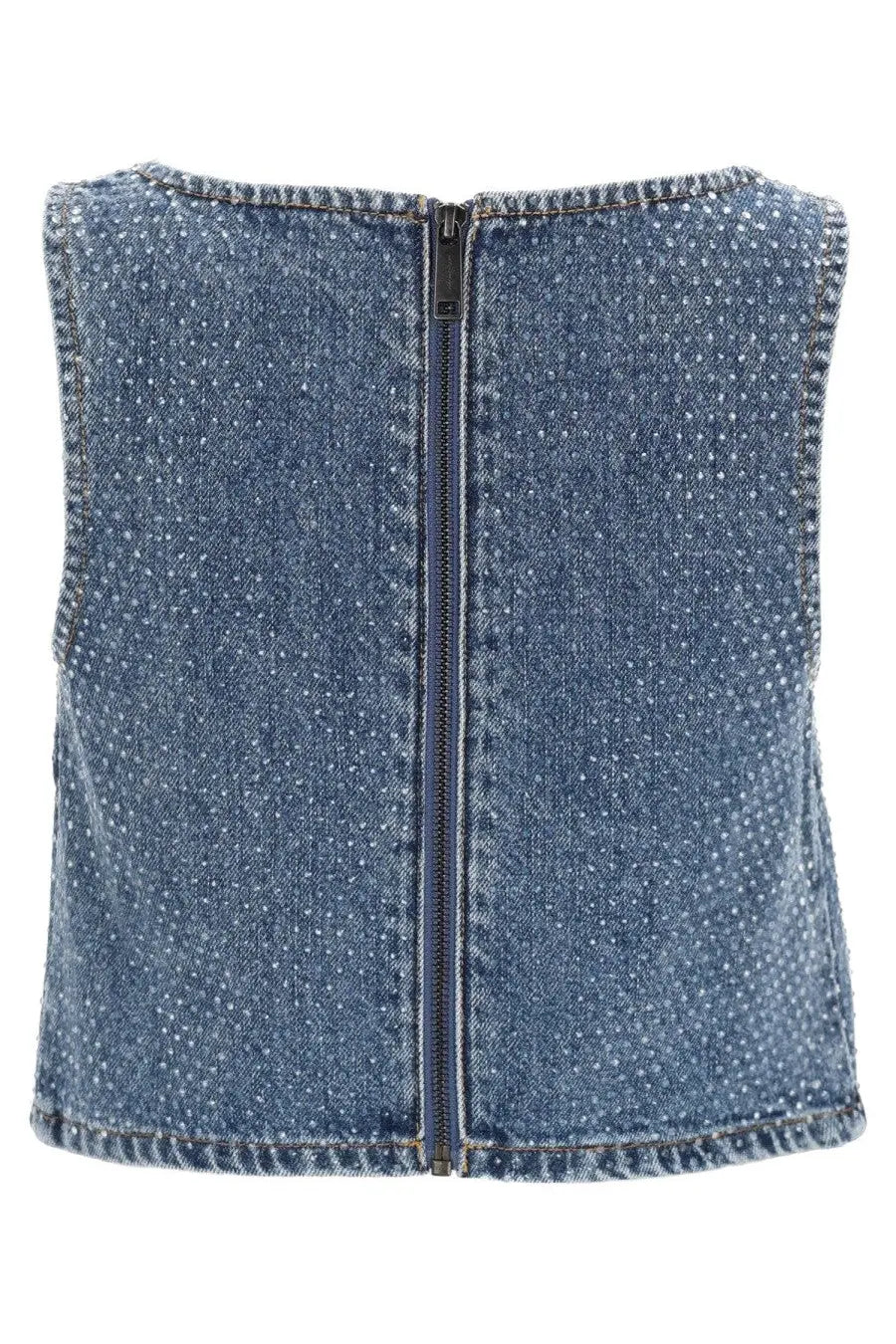 Self-portrait women’s blue denim crop top featuring a central black zipper and subtle white dot pattern