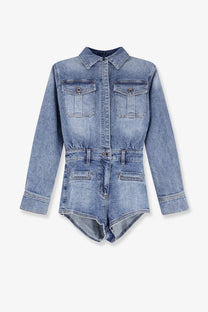 Self-portrait women’s light-wash denim jumpsuit with collar button-front closure and multiple pockets in blue
