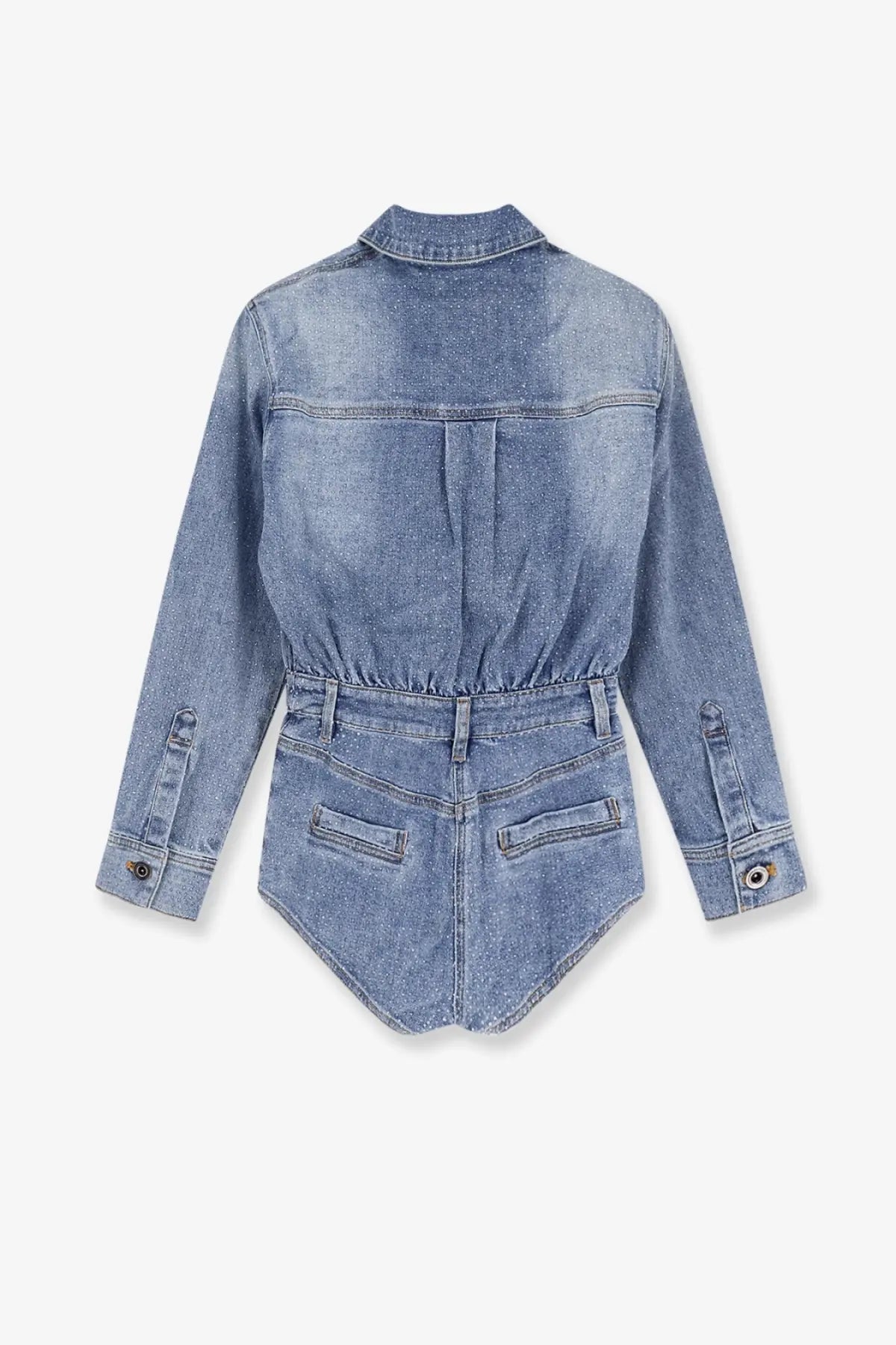 Back view of self portrait women’s light-wash blue denim jumpsuit with collared shirt-style back and two rear pockets