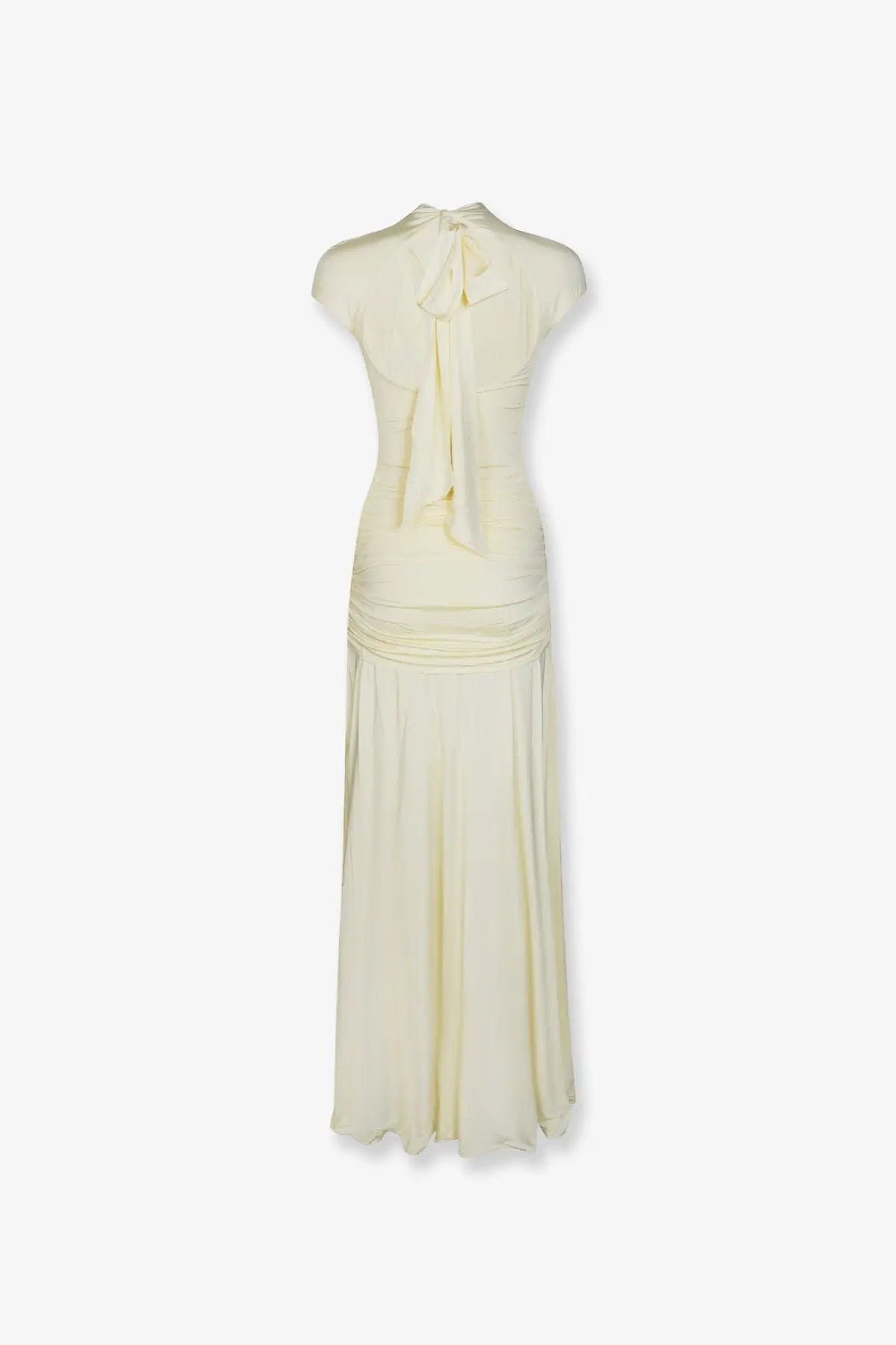 Self-portrait women’s draped jersey long dress yellow with a pale yellow flowing maxi fit and ruched waist detail