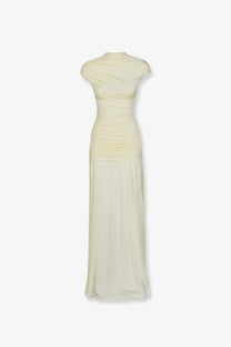 Self-portrait women’s draped jersey long dress yellow with ruched detail high neckline and short sleeves
