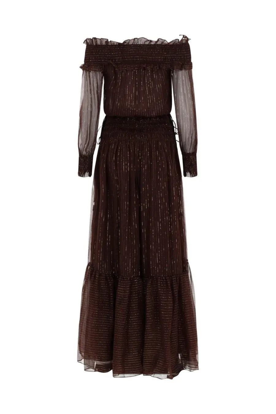 A shimmering dark brown off-the-shoulder maxi dress with sheer long sleeves and tiered skirt by self-portrait