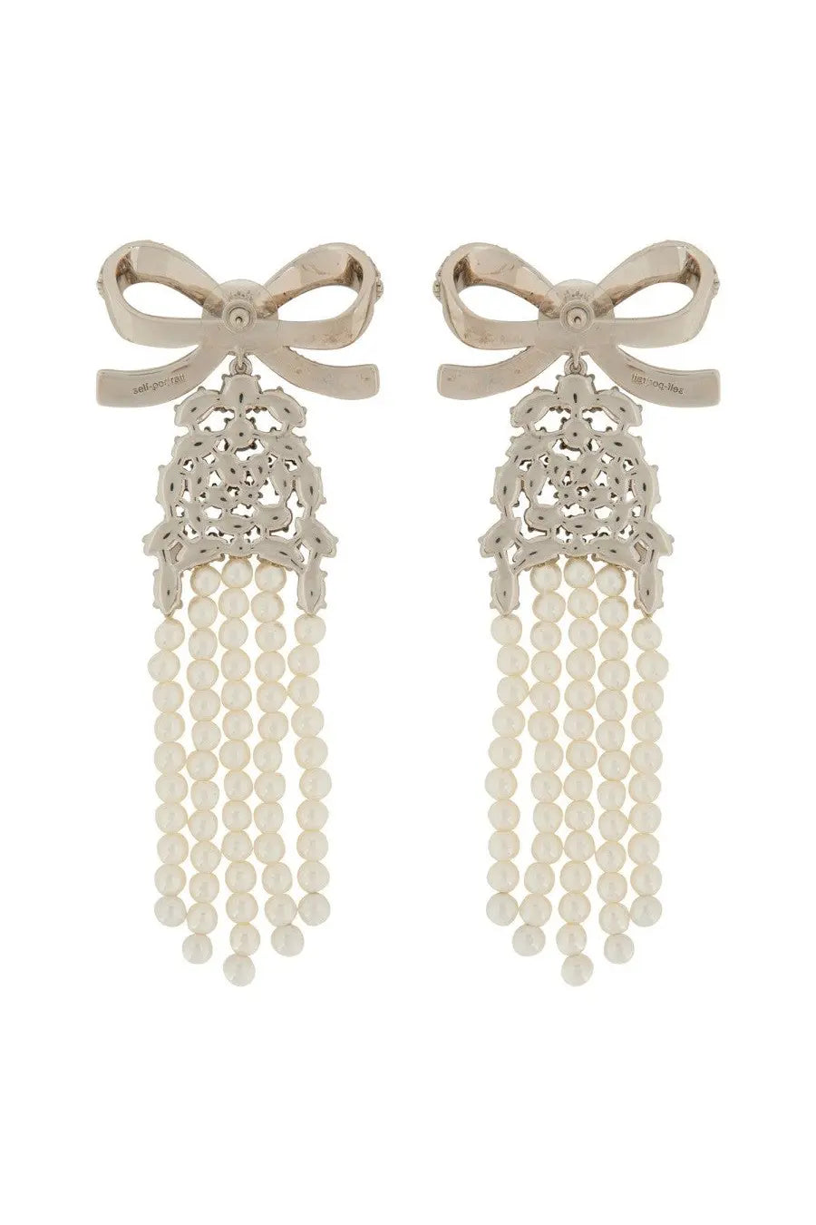 Silver self portrait women’s drop earrings with bow shape, intricate lace detailing, and cascading cream pearls