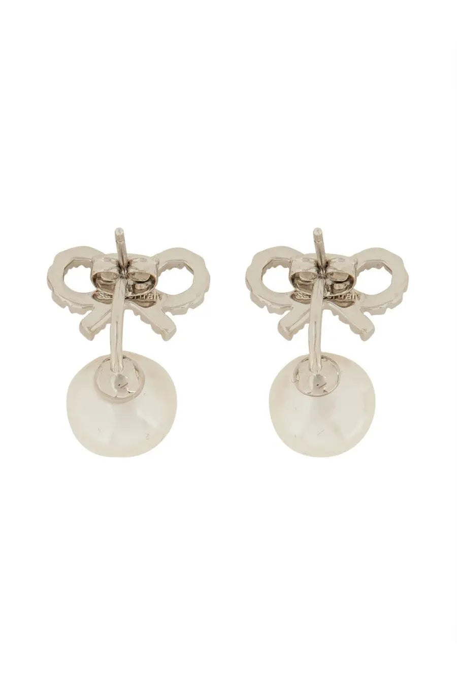 Self-portrait women’s silver earrings with bow-shaped studs and round translucent white pearl dangles