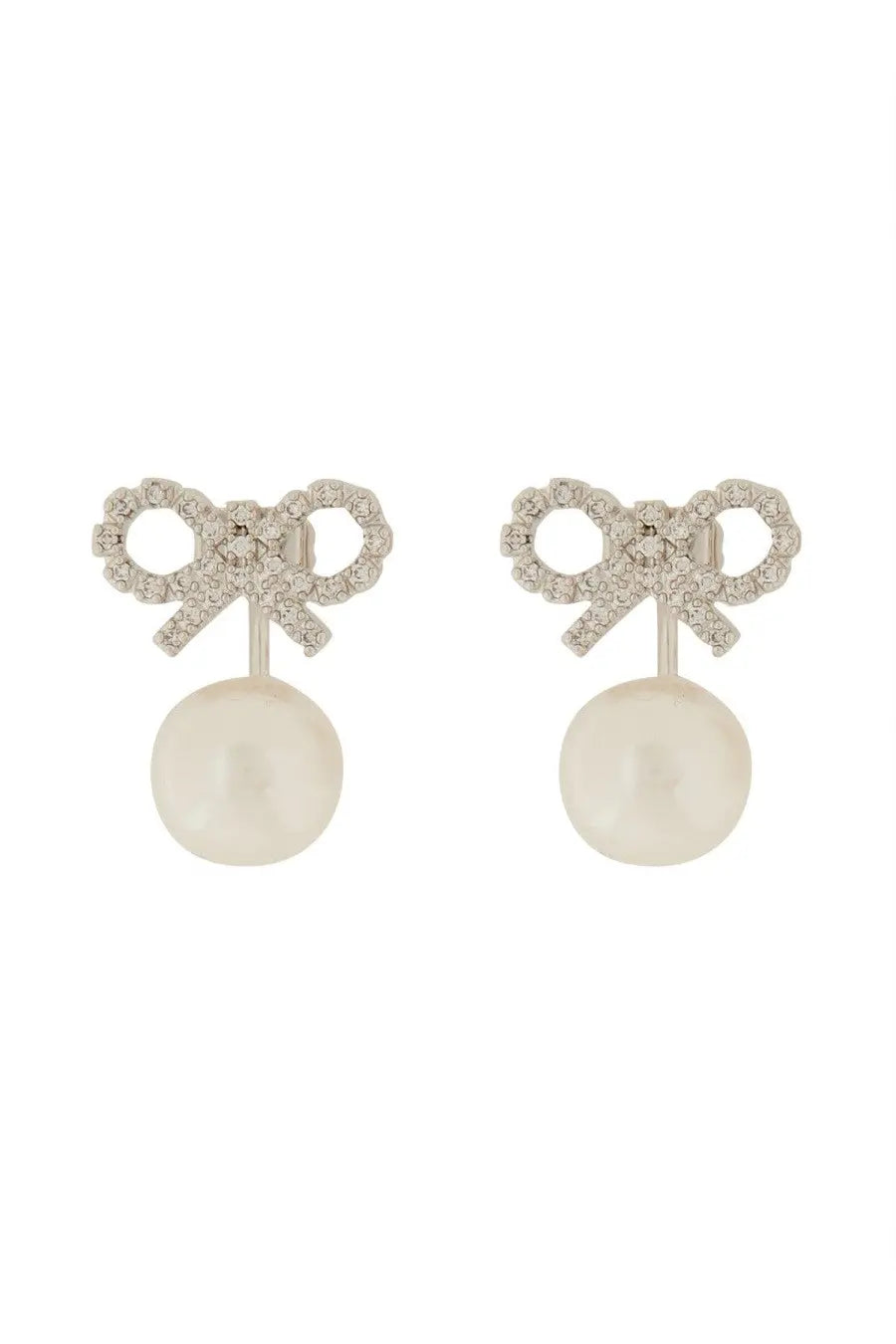 Delicate silver bow earrings by self portrait with sparkling crystals and dangling white pearl accents