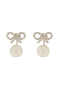 Delicate silver bow earrings by self portrait with sparkling crystals and dangling white pearl accents
